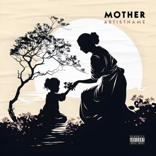 Mother premade Japanese style album cover art - for Acoustic, Ambient Music - style Illustrated, Minimalist - in Cream, Black Color