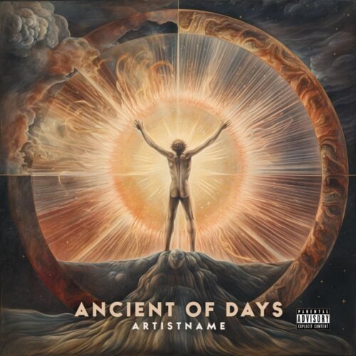 Ancient of days premade folk doom metal album cover art - for Ambient, Classical Music - style Cinematic Style, Conceptual Art - in Orange, Yellow Color