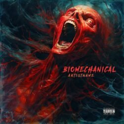 Biomechanical premade goregrind album cover art design - for Alternative Metal, Black Metal Music - style Biopunk, Dark Fantasy - in Red, Blue Color