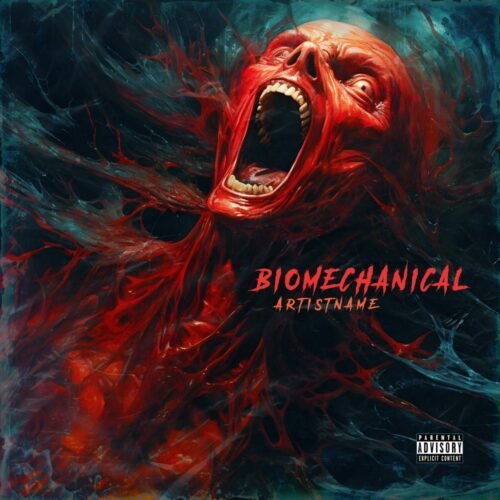Biomechanical premade goregrind album cover art design - for Alternative Metal, Black Metal Music - style Biopunk, Dark Fantasy - in Red, Blue Color
