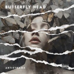 Butterfly head album cover art design - for Ambient Pop, Art Pop Music - style Collage, Surrealist - in Black, Brown Color