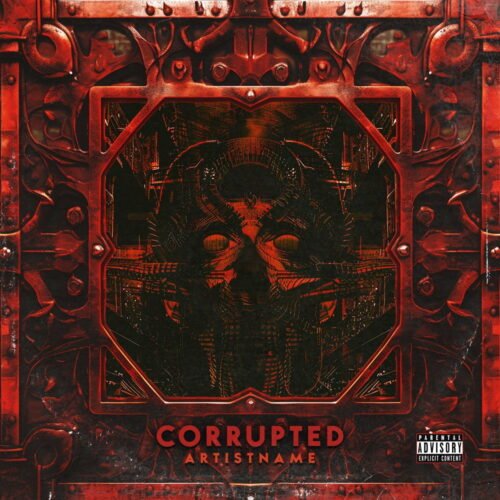 Corrupted premade ambient black metal album cover art design - for Industrial Metal, Dark Electro Music - style Dark Fantasy, Cyberpunk - in Red, Black Color