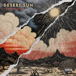 Desert Sun premade woodcut album cover art design - for Alternative Rock, Country Music - style Collage, Illustrated - in Red, Yellow Color