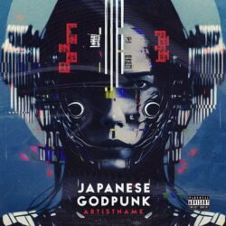 Japanese Godpunk premade cyberpunk album cover art - for Alternative Metal, Dark Electro Music - style Anime, Cyberpunk - in Red, Blue Color