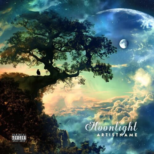 Moonlight premade album cover art - for Ambient, Chillout Music - style Surrealist, Cinematic Style - in Blue, Green Color