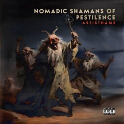 Nomadic Shamans of Pestilence premade deathrash metal album cover art design - for Black Metal, Dark Ambient Music - style Dark Fantasy, Dark Surrealism - in Red, Brown Color