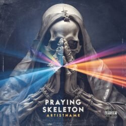 Praying Skeleton premade gangsta rap album cover art - for Dark Ambient, Death Metal Music - style Dark Fantasy, Dark Surrealism - in Blue, Orange Color
