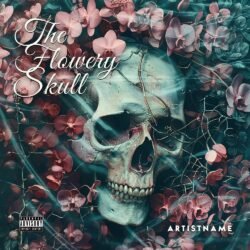 The Flowery Skull premade sleaze rock album cover art design - for Alternative Metal, Dark Pop Music - style Dark Fantasy, Dark Surrealism - in Green, Pink Color