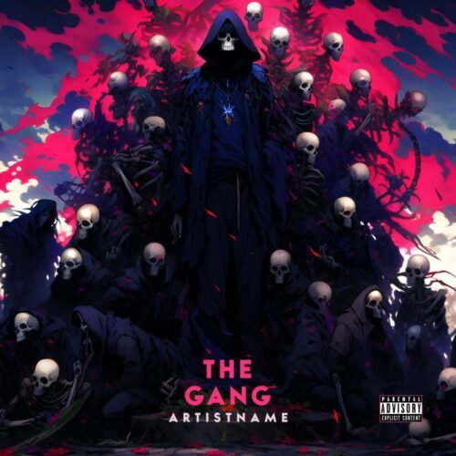 The Skeleton Gang album cover art design - for Death Metal, Black Metal Music - style Dark Fantasy, Illustrated - in Red, Blue Color