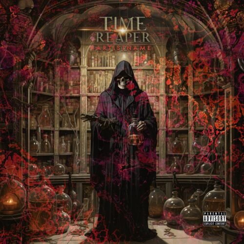 Time Reaper premade melodic death metal album cover art - for Heavy Metal, Death Metal Music - style Dark Fantasy, Illustrated - in Red, Purple Color