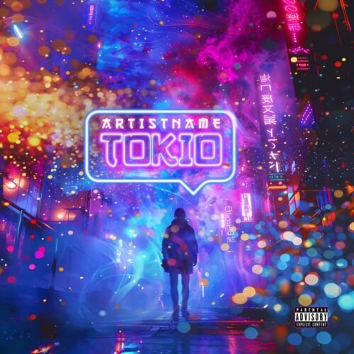 Tokyo premade neon album cover artwork - for Synth-Pop, Electronic Music - style Cyberpunk, Futuristic Style - in Blue, Pink Color