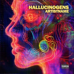 Hallucination premade neon album cover art design - for Ambient, Alternative Rock Music - style Acid Graphics, Conceptual Art - in Red, Yellow Color