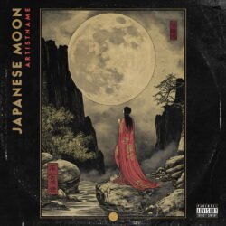 Japanese Moon premade album cover art design - for Ambient, Dark Ambient Music - style Ukiyo-E, Illustrated - in Red, Yellow Color