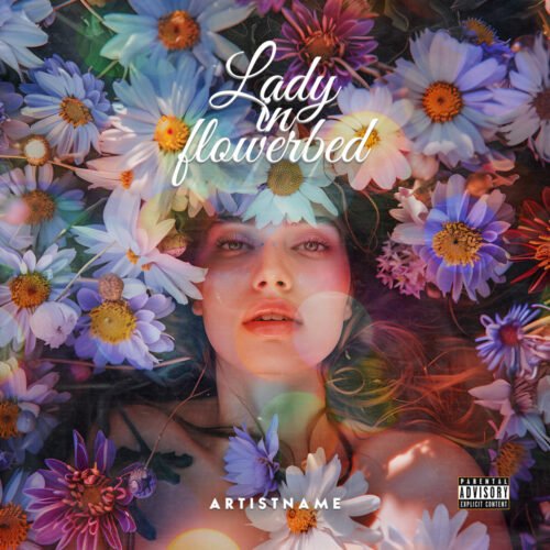 Lady In Flowerbed premade britpop album cover art design - for Indie Pop, Dream Pop Music - style Photographic, Cinematic Style - in Blue, Purple Color