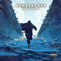 Run Baby Run premade techstep album cover art design - for Alternative Rock, Ambient Music - style Cinematic Style, Conceptual Art - in Blue, White Color
