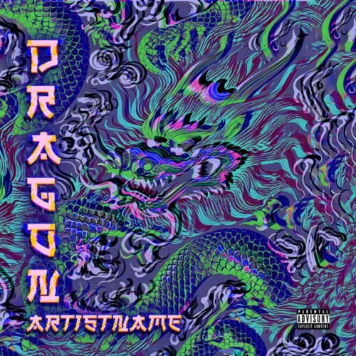 Dragon premade psychedelic glitch album cover art design - for Dark Synth, Electronic Music - style Cyberpunk, Glitch Art - in Blue, Purple Color