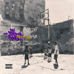 In Tha Hood premade rap album cover art design - for Hip-Hop, Boom Bap Music - style Illustrated, Graffiti - in Purple, Yellow Color