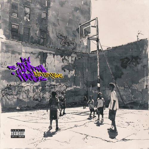 In Tha Hood premade rap album cover art design - for Hip-Hop, Boom Bap Music - style Illustrated, Graffiti - in Purple, Yellow Color