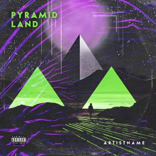 Pyramid Land premade electro-industrial album cover art - for Synth-Pop, Electronic Music - style Sci-Fi Style, Retro - in Green, Purple Color