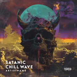 Satanic premade chill wave album cover art design - for Black Metal, Dark Synth Music - style Dark Fantasy, Dark Surrealism - in Purple, Blue Color