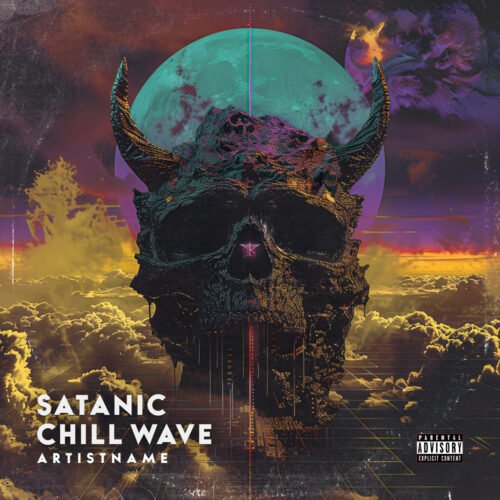 Satanic premade chill wave album cover art design - for Black Metal, Dark Synth Music - style Dark Fantasy, Dark Surrealism - in Purple, Blue Color