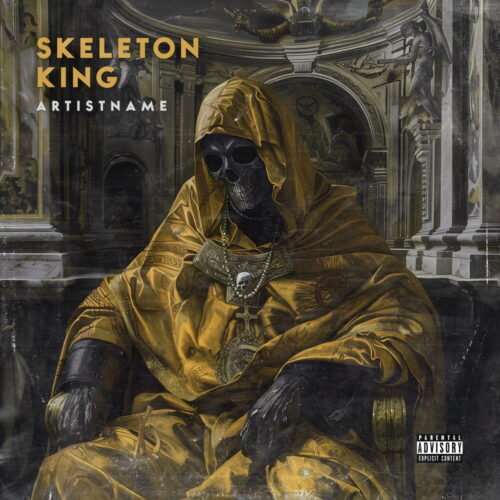 Skeleton King premade old skool rap album cover art design - for Heavy Metal, Death Metal Music - style Dark Fantasy, Oil Painting - in Black, Grey Color