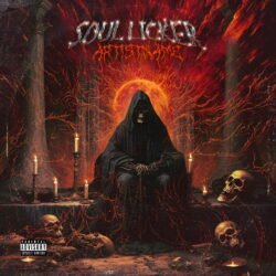 Soul Licker premade melodic death metal album cover art - for Death Metal, Black Metal Music - style Dark Fantasy, Cinematic Style - in Red, Black Color