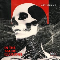 In The Sea Of Illusion premade skeleton album cover art design - for Alternative Metal, Dark Electro Music - style Acid Graphics, Cyberpunk - in Red, Black Color