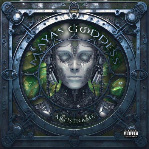 Maya's Goddess premade techno album cover art design - for Industrial, Dark Electro Music - style Cyberpunk, Sci-Fi Style - in Green, Blue Color