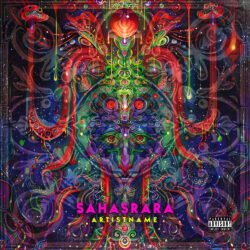 Sahasrara premade psychedelic trance album cover art design - for Psytrance, Ambient Music - style Psychedelic Art, Sacred Geometry - in Red, Green Color