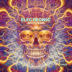 Electronic premade skull cover art design - for Electronic, EDM Music - style Psychedelic Art, Sci-Fi Style - in Yellow, Orange Color