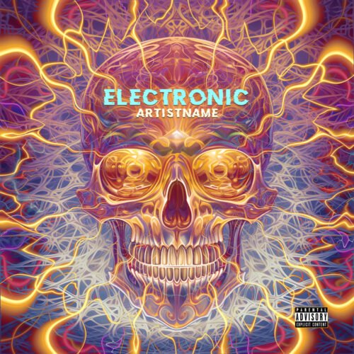 Electronic premade skull cover art design - for Electronic, EDM Music - style Psychedelic Art, Sci-Fi Style - in Yellow, Orange Color