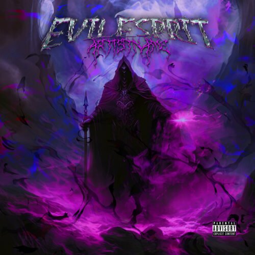 Evil spirit power metal cover art design - for Black Metal, Dark Ambient Music - style Dark Fantasy, Cinematic Style - in Purple, Blue Color