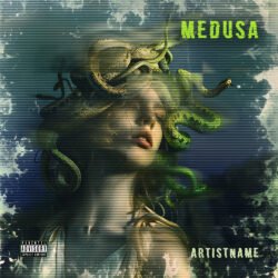 Medusa cover art design - for Dark Pop, Trap Music - style Dark Fantasy, Cinematic Style - in Green, Blue Color
