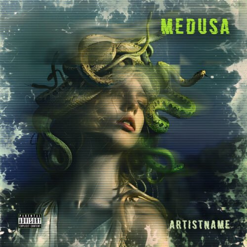 Medusa cover art design - for Dark Pop, Trap Music - style Dark Fantasy, Cinematic Style - in Green, Blue Color