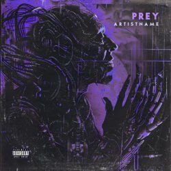Prey experimental album cover art design - for Industrial, Dark Electro Music - style Cyberpunk, Biopunk - in Purple, Black Color