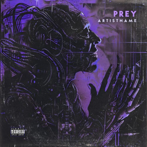 Prey experimental album cover art design - for Industrial, Dark Electro Music - style Cyberpunk, Biopunk - in Purple, Black Color