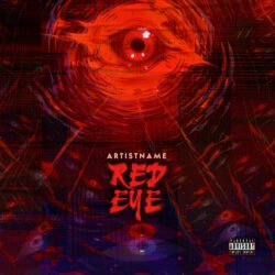 red eye album cover art design - for Alternative Metal, Dark Synth Music - style Dark Fantasy, Glitch Art - in Red, Black Color
