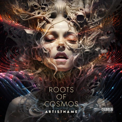 roots of cosmos album cover art design - for Ambient, Dark Ambient Music - style Abstract, Biopunk - in Red, Orange Color