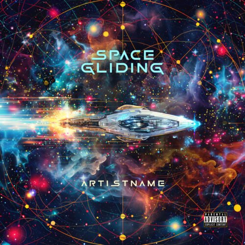 space gliding premade sci-fi cover art design - for Electronic, Space Rock Music - style Futuristic Style, Sci-Fi Style - in Blue, Yellow Color