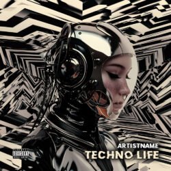 Techno life album cover art design - for Dark Electro, Dark Synth Music - style Cyberpunk, Futuristic Style - in Black, White Color
