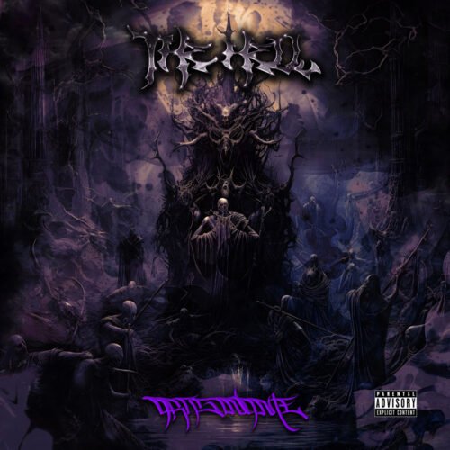 the hell symphonic black metal cover art design - for Black Metal, Death Metal Music - style Dark Fantasy, Dark Surrealism - in Purple, Black Color