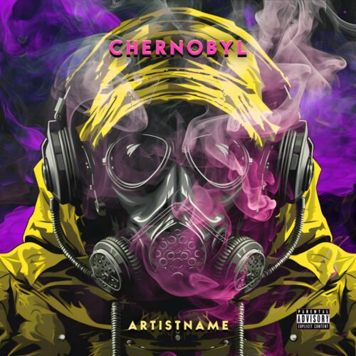 Chornobyl disaster cover art design - for Industrial, Dark Electro Music - style Cyberpunk, Illustrated - in Yellow, Purple Color