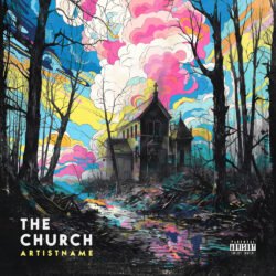 church premade cover art design - for Alternative Rock, Indie Rock Music - style Illustrated, Psychedelic Art - in Blue, Pink Color