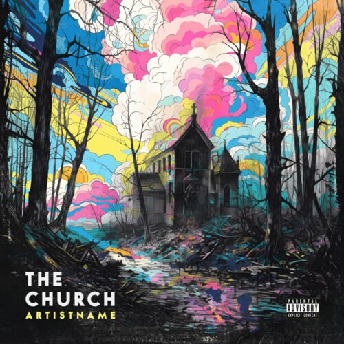 church premade cover art design - for Alternative Rock, Indie Rock Music - style Illustrated, Psychedelic Art - in Blue, Pink Color
