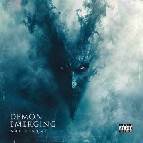 demon emerging premade album cover art - for Dark Ambient, Heavy Metal Music - style Dark Fantasy, Cinematic Style - in Blue, Black Color