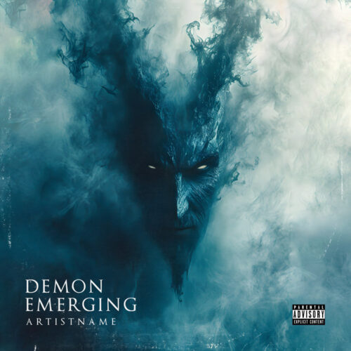 Demon Emerging - Premade Album Cover Art - Sci-Fi, Cyberpunk, Futuristic Style - in Blue & Grey - for Synthwave, Cyberpunk, Electronic Music - featuring Cyborg, Robot