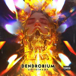 dendrobium techno album cover art design - for Alternative Rock, Dark Pop Music - style Surrealist, Dark Fantasy - in Yellow, Orange Color