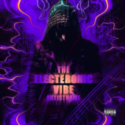 electronic vibe album cover art design - for Bass Music, Dark Electro Music - style Cyberpunk, Glitch Art - in Purple, Black Color