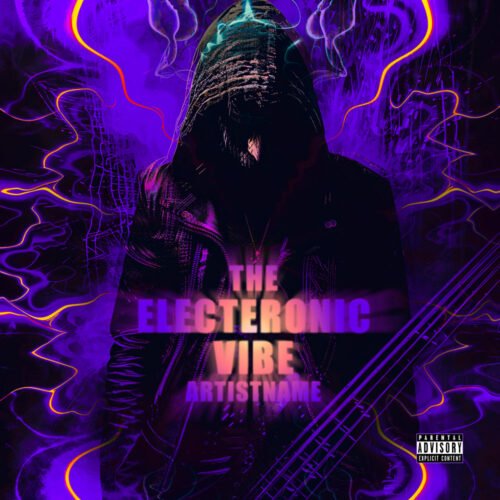 electronic vibe album cover art design - for Bass Music, Dark Electro Music - style Cyberpunk, Glitch Art - in Purple, Black Color